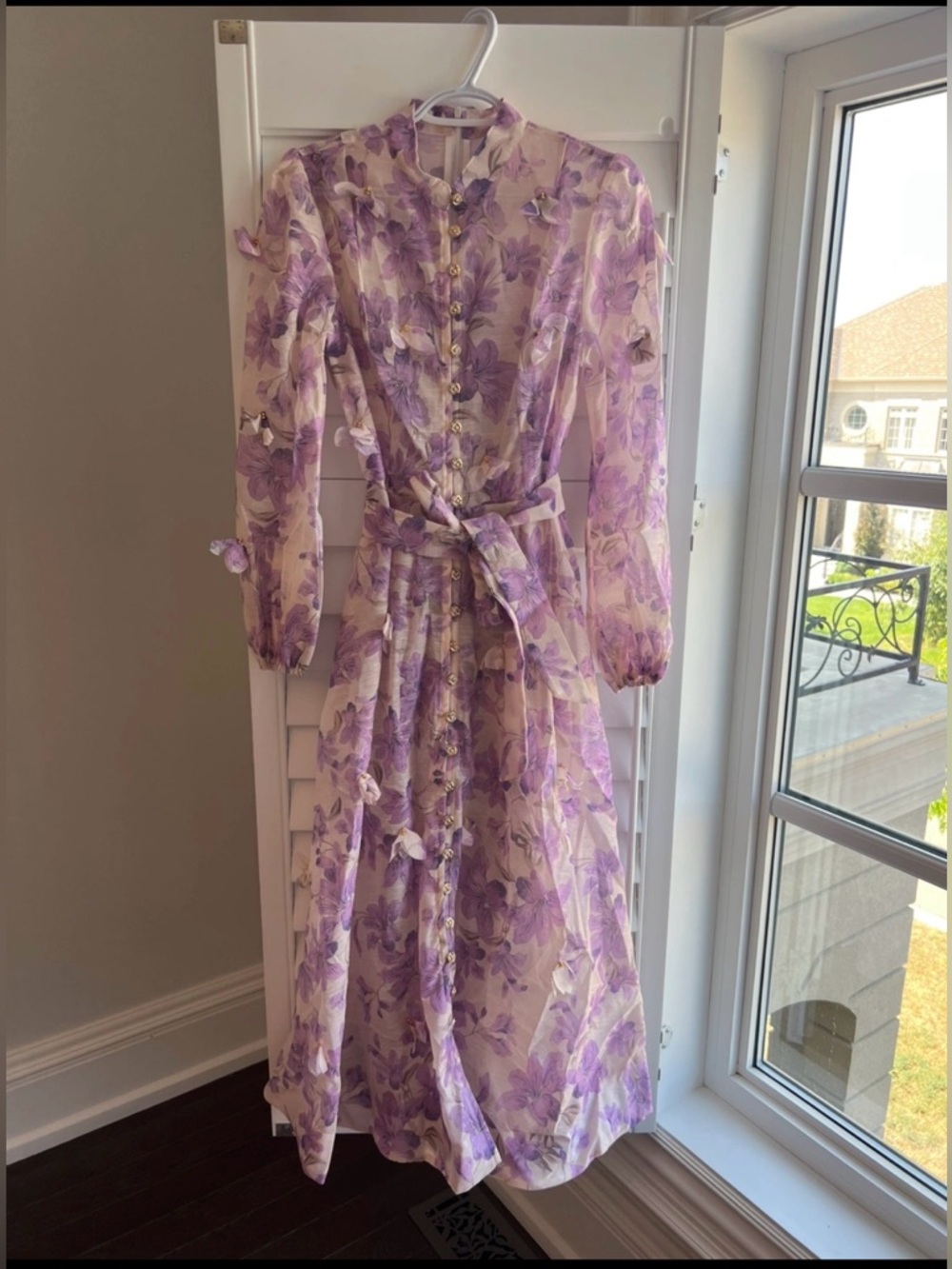 Lavender Floral Long-Sleeve Tie-Waist Midi Dress S/M